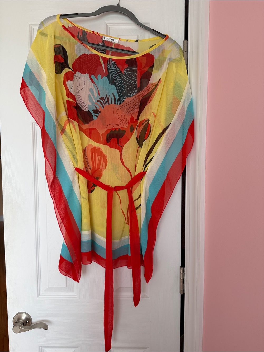 Karen Kane Yellow Floral Sheer Swim Coverup with Red Sash